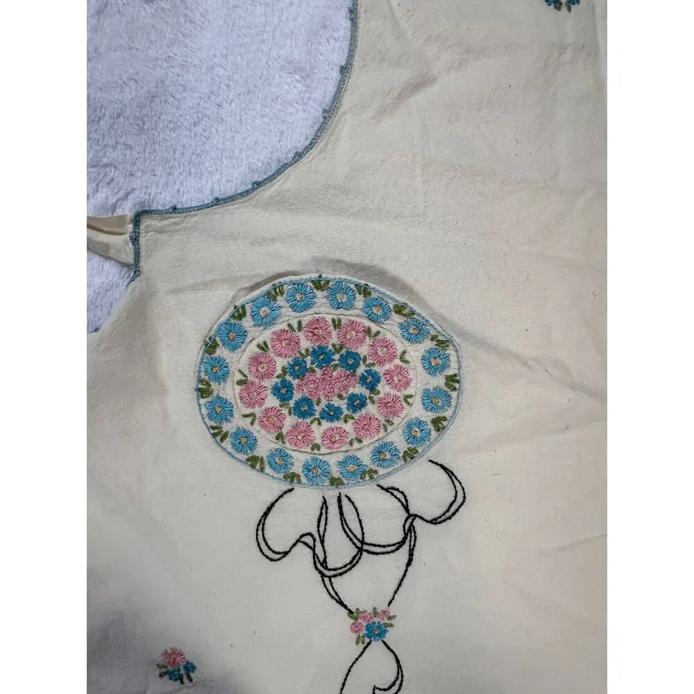 Handmade Full Front Cream Flower Embroidered Apron, Pocket, Detailed, Unique